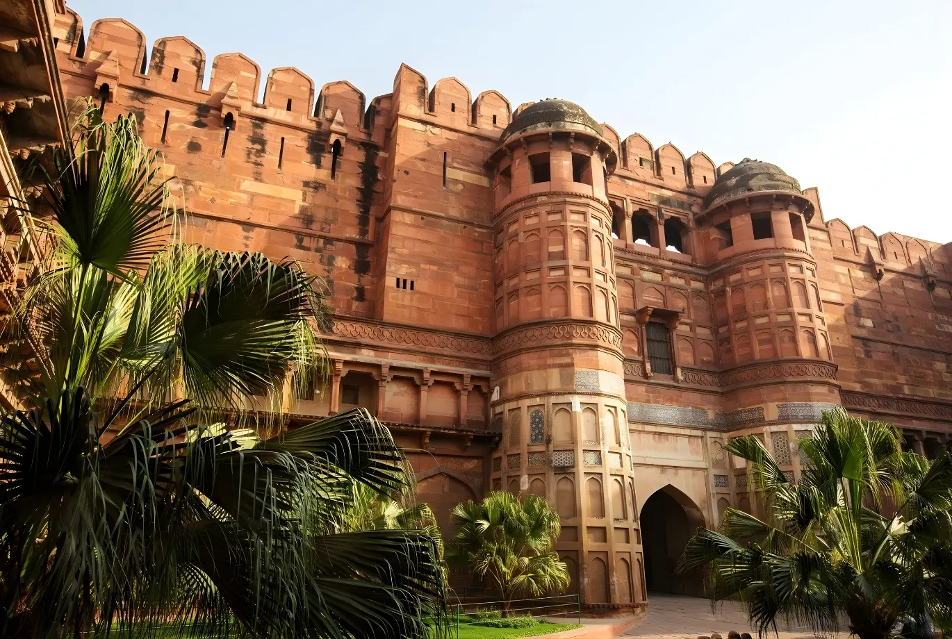 Red sandstone bastion and layered ramparts of Agra Fort