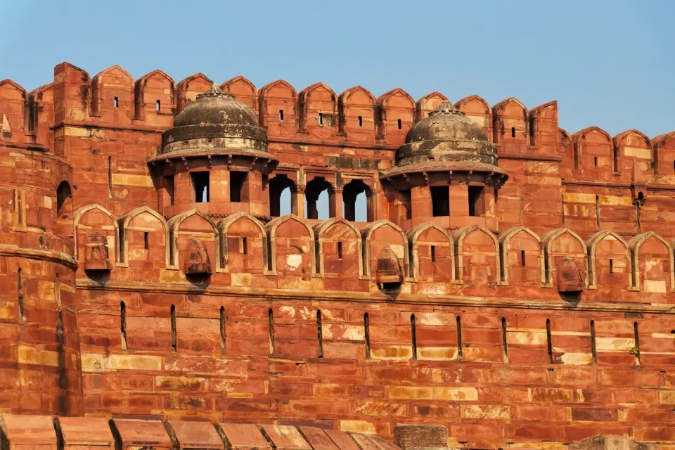Agra Fort entrance facade with twin turrets and an arched gateway