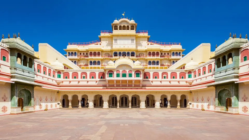 Symmetrical courtyard of Mubarak Mahal in Jaipur City Palace
