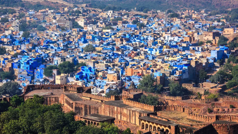 Aerial view of Jodhpur’s Blue City with Mehrangarh Fort above