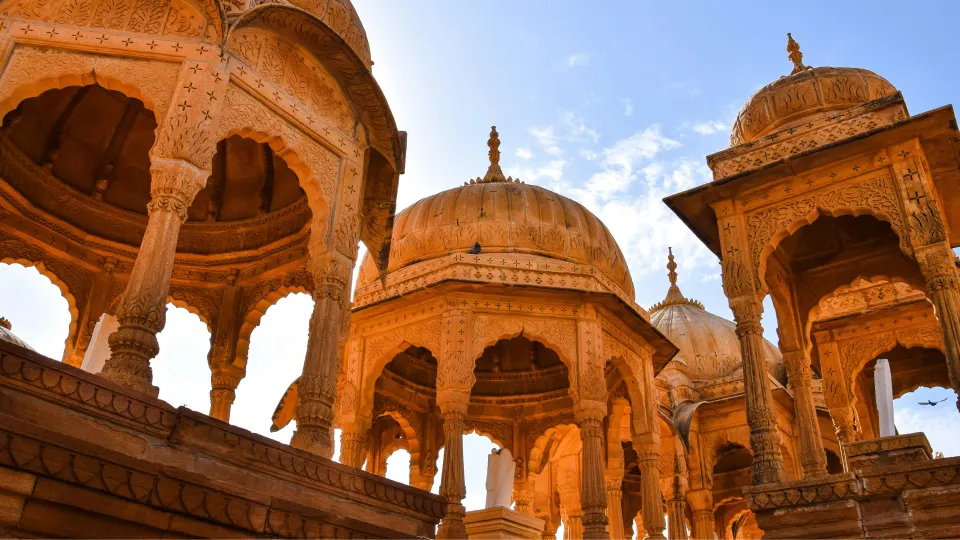 Carved sandstone chhatri domes at Mehrangarh Fort