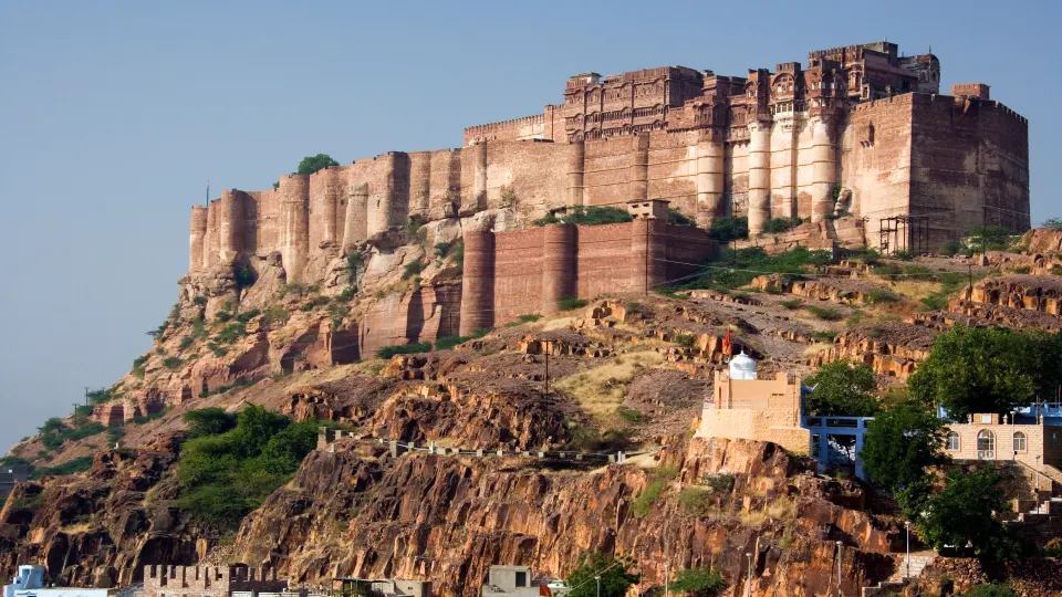 Mehrangarh Fort walls cascading down rocky cliffs in Jodhpur