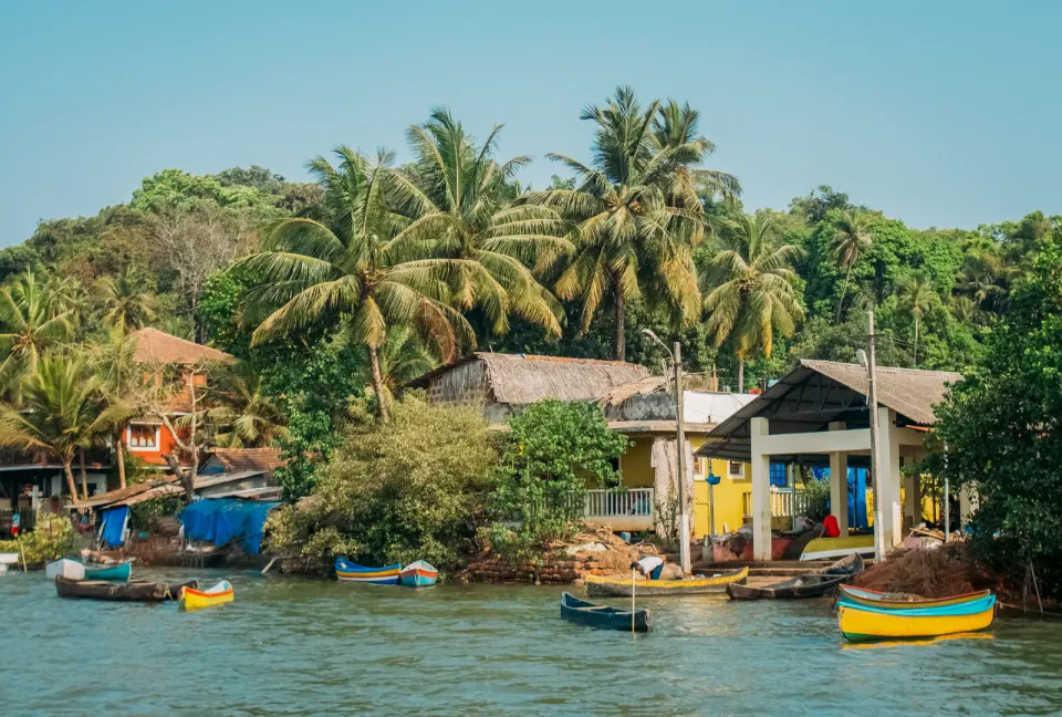 coastal village with boats and palm trees near Gokarna