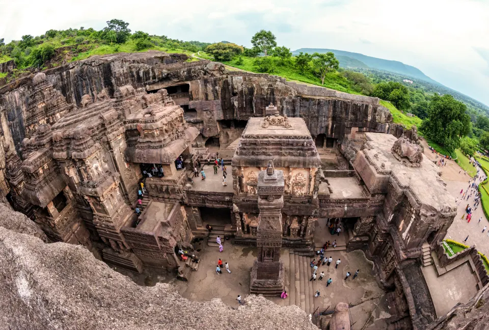 Courtyard view of the Kailasa Temple complex at Ellora