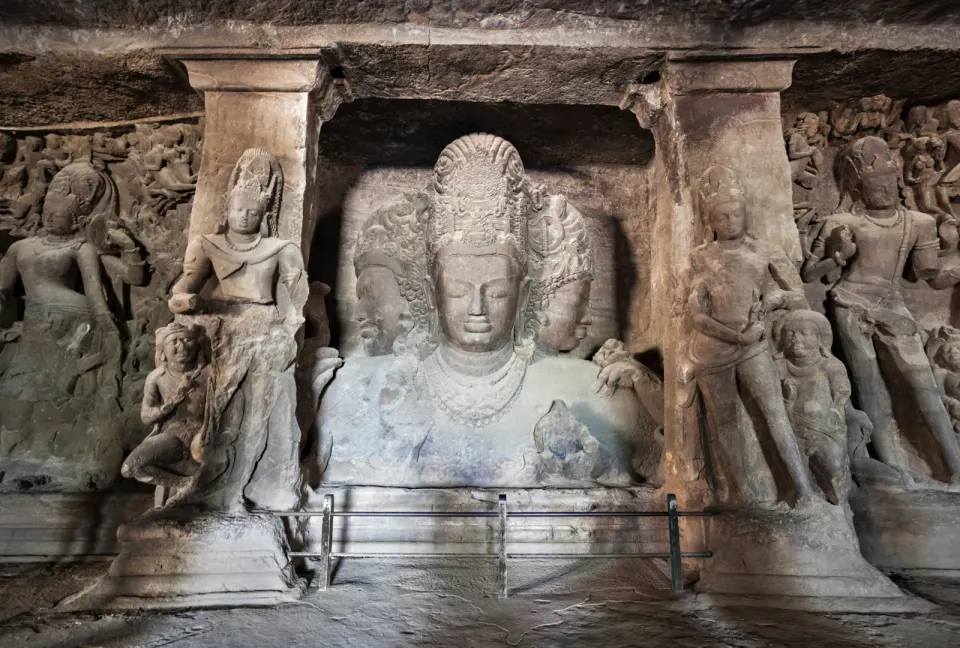 Trimukha Maheshwara relief depicting the three-faced form of Shiva at Elephanta Caves
