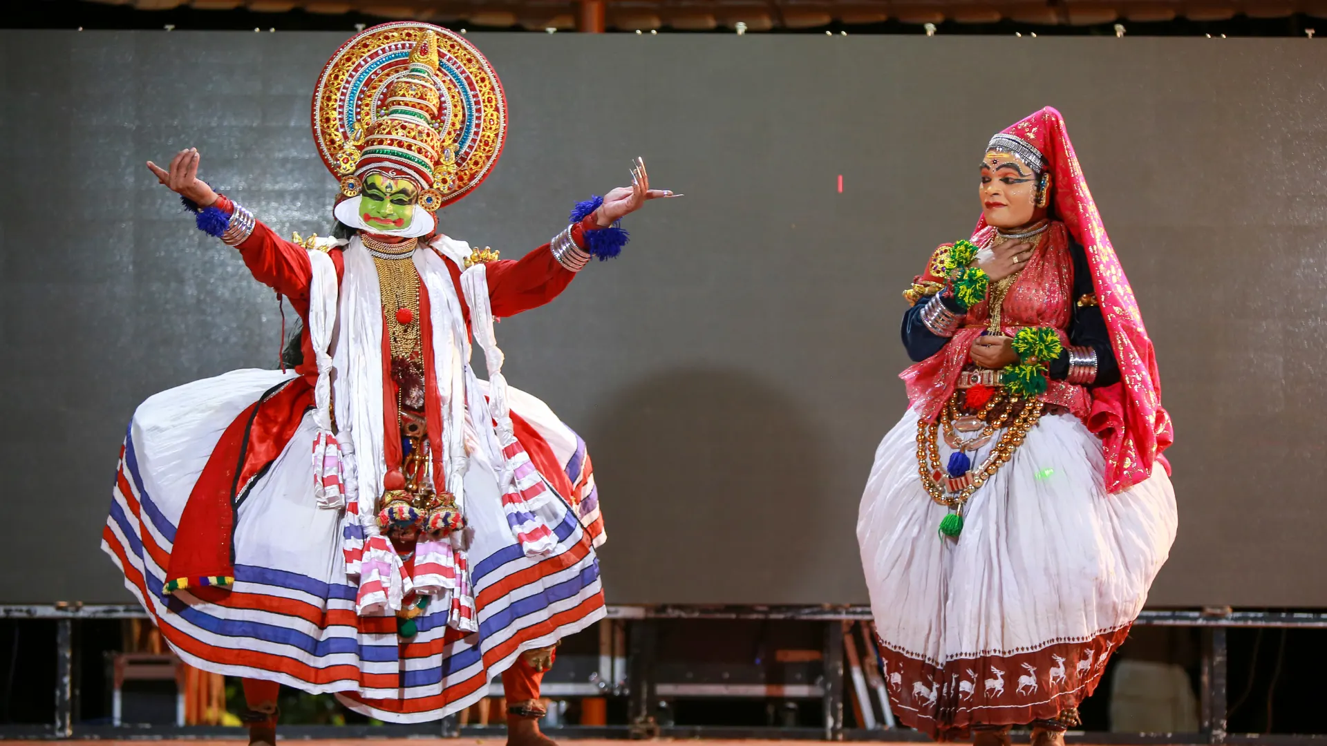 Kathakali dancers performing a classical dance drama from Kerala