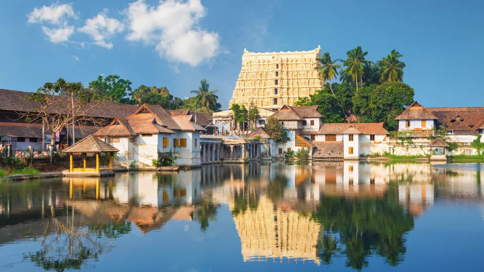 Padmanabhaswamy Temple reflected in the sacred pond at Thiruvananthapuram, Kerala