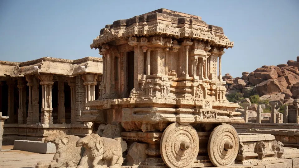 Side view of the Vittala Temple stone chariot with carved wheels