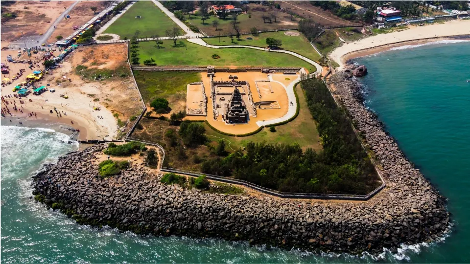 aerial view of Shore Temple complex and coastline, Mahabalipuram