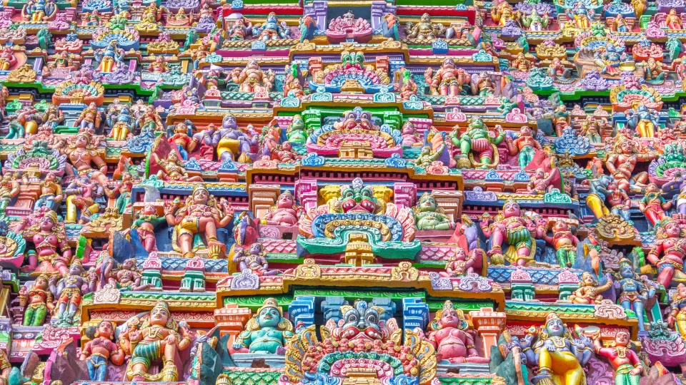 detailed stucco sculpture panels on srirangam temple gopuram