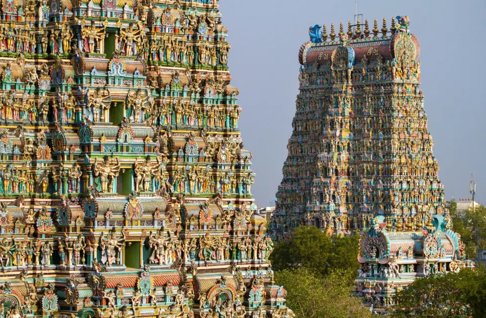 panoramic view of meenakshi temple gopurams with sculptural detail