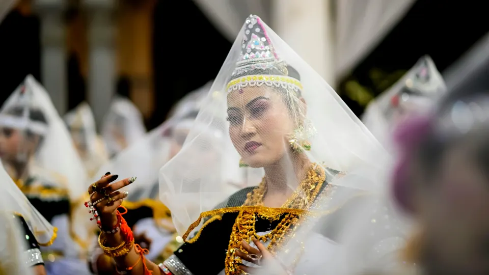 Women dressed in ornate traditional dance attire with veils and jewelry during a cultural performance
