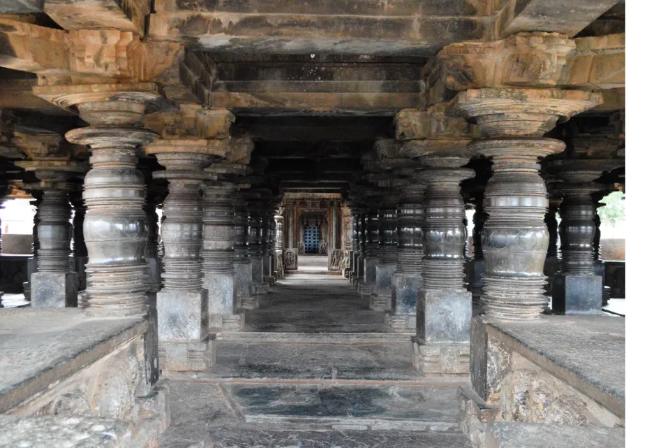 Interior of the pillared mandapa with polished Hoysala pillars