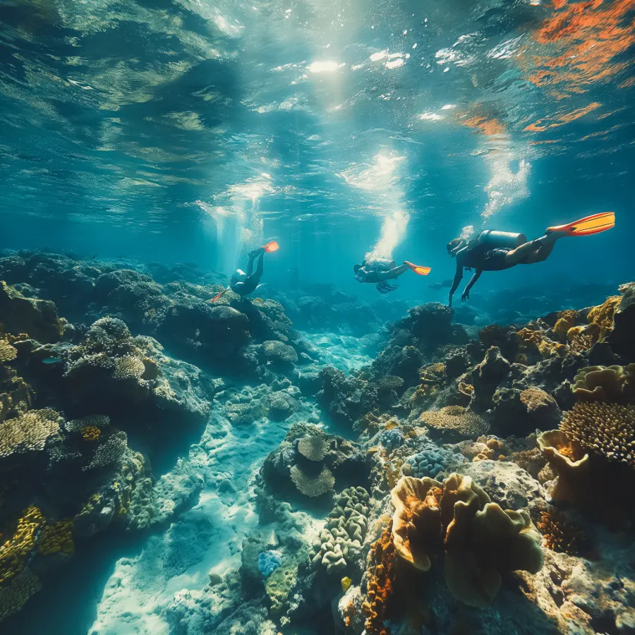 Snorkelers swimming above vibrant Lakshadweep coral reefs with sunlight streaming through clear blue water