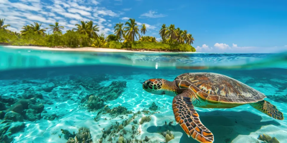 A green sea turtle swimming in shallow turquoise water near a white sandy Lakshadweep beach