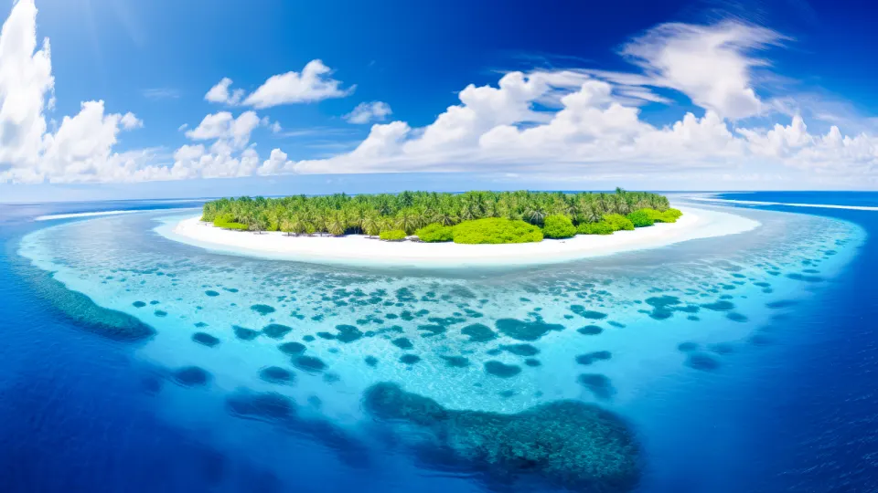 Aerial view of a circular Lakshadweep island surrounded by coral reefs and deep blue ocean