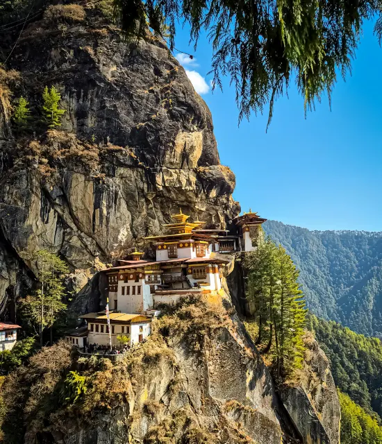 Tiger’s Nest Monastery seen from a forested trail on a steep Bhutanese cliff
